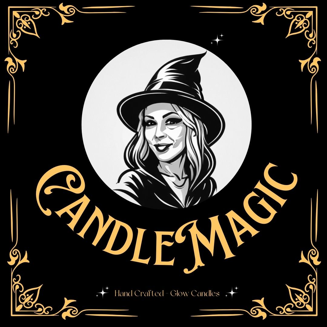 Candle Magic Studio logo of cartoon witches face smiling, black and yellow colors